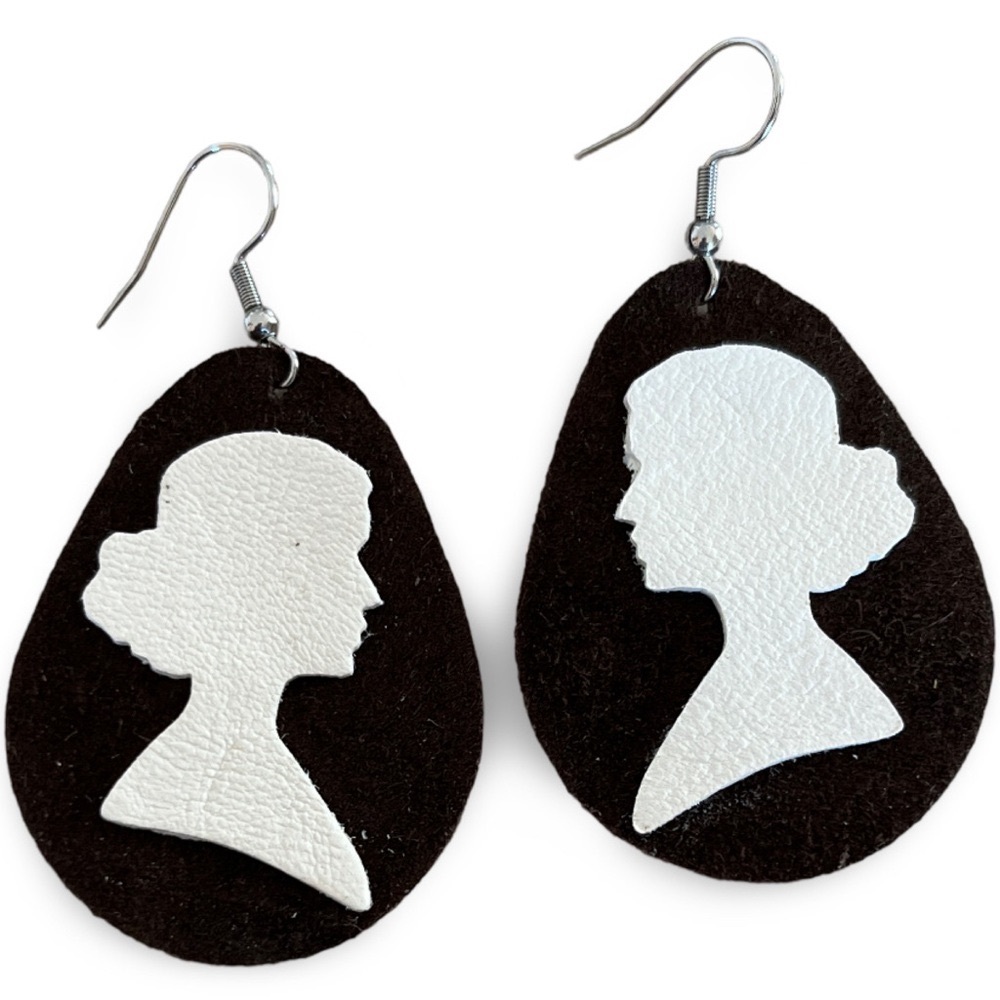 Leather Brown and White Silhouette Cameo Teardrop Earrings